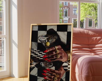 Retro Martini Painting, Black woman art, Black Girl African Wall Art, Black Girl Bar Cart Art, Black fashion art, Trendy Cocktail, Retro y2k