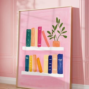 Pastel Bookshelf Wall Art, Pastel Girl&#39;s Bookshelf Painting, Library, Girly Rainbow Book Lover Printable  Cozy Reading Nook Print, Pink Art