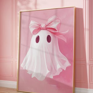 May include: A pink ghost with a large pink bow on its head. The ghost is depicted against a pink background.