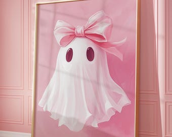 Pink Bow Ghost Wall Art Print, Halloween Decor, Trendy Wall Art, Preppy Trendy Printable Art, Cute Ghost Art, Print Girls Room, y2k art,