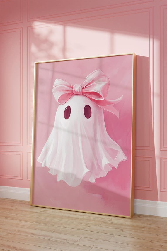 Pink Bow Ghost Wall Art Print, Halloween Decor, Trendy Wall Art, Preppy Trendy Printable Art, Cute Ghost Art, Print Girls Room, y2k art,
