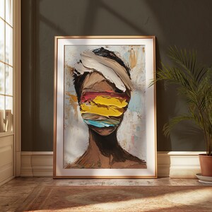 May include: Abstract painting of a person's face with colorful stripes covering the eyes. The painting is done in a thick, textured style.