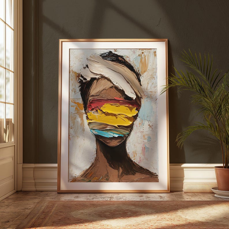 May include: Abstract painting of a person's face with colorful stripes covering the eyes. The painting is done in a thick, textured style.