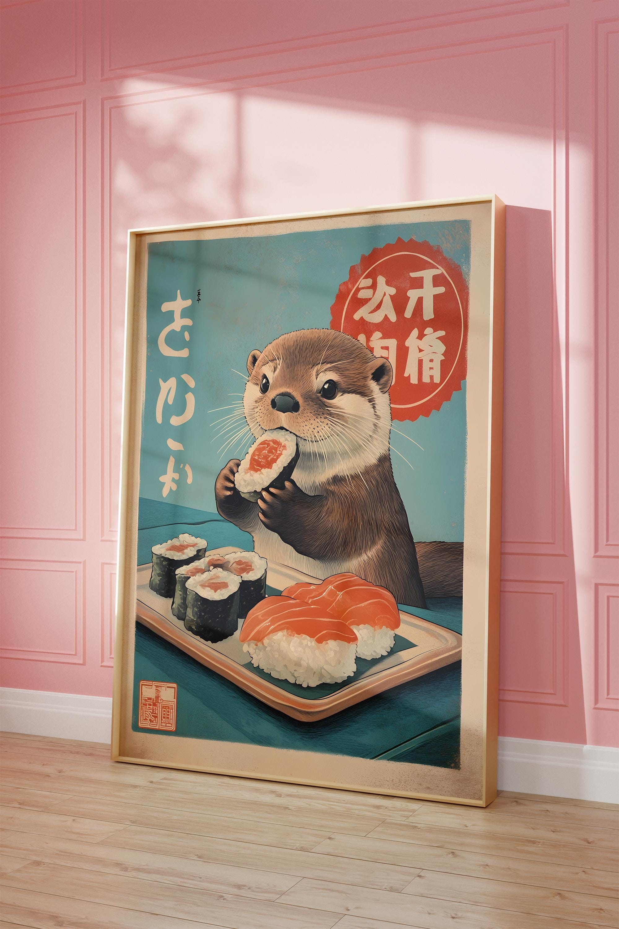 印刷可能な壁アート、かわいいカワウソが寿司を食べるマキシマ 印刷可能な壁アート、かわいいカワウソが寿司を食べるマキシマ