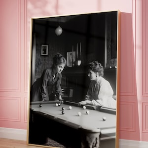 Snooker Print, Black and White, Billiard Gift, Pool Room Decor Two Young Women Playing Billiards, Vintage Pool Table Room, Early 1900s Photo