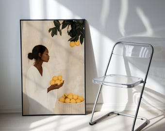 Black Woman with Lemons Art, Black Woman Art, Black Woman Wall Art, Trendy Wall Art, Black Girl Wall Art, Modern Neutral Wall Decor, y2k