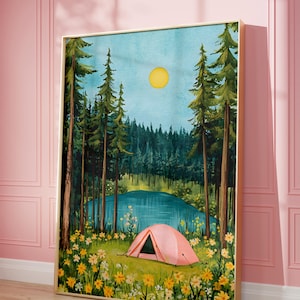 Camping Day Art Print, ,Camping Posters, Colorful Wall Art, Forest Themed Home Decor, Oil Painting art, Trendy Wall Art, Camping Theme Art