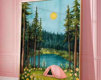 Camping Day Art Print, ,Camping Posters, Colorful Wall Art, Forest Themed Home Decor, Oil Painting art, Trendy Wall Art, Camping Theme Art