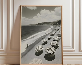 Black White Coastal Prints, Beach Umbrellas Print, Vintage Wall Art, Beach Wall Art, Coastal Wall Decor,     Waves Prints, Instant Download