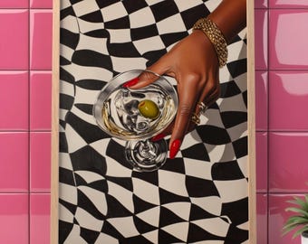 Retro Martini Painting, Black Girl Bar Cart Art, Black fashion art, Black woman art. Cool Apartment Wall Art, Trendy Cocktail Wall Art,
