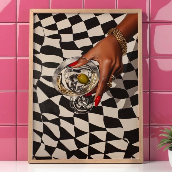 Dipinto retrò di Martini, arte di carrello bar con ragazza nera, arte di moda nera, arte di donna nera. Arte murale di appartamenti alla moda, arte murale di cocktail alla moda,