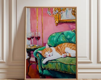 Cat with Martini Art Print, Funny Cat Print, Whimsical Cocktail Wall Art, Quirky Bar Cart Decor Elegant Cat Lover Gift Cute Quirky Whimsical
