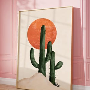 Kaktus-Sonnenuntergang-Kunst, Kaktus-Blumen-Kunst südwestliches Dekor, Kaktus-Druck, Terrakotta Boho-Wüstenstimmung digitale Kunst, moderne Naturwandkunst