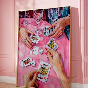 Impression murale de cartes à jouer vintage, cartes de soirée poker rétro et boissons, décoration de nuit de poker glamour pour filles, décorations de chariot de bar, fête de luxe
