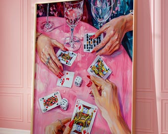 May include: A painting of a group of people playing cards around a pink table. The table is covered in playing cards, dice, and glasses of wine. The painting is done in a vibrant, colorful style.