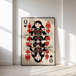 Arte de pared funky con naipes de la reina de corazones, decoración de dormitorio con arte de pared preppy de la reina del diablo, decoración de habitación preppy y2k, arte de pared maximalista estético.