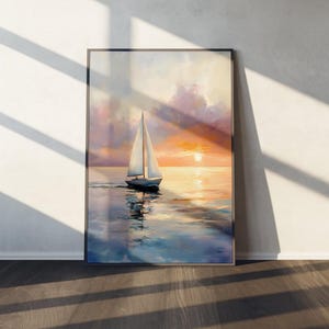 Pink Sailboat Painting, Sunset Art Print, Coastal Wall Decor, Summer Ocean Landscape, Coastal nursery, Beach House, Summer Ocean Landscape