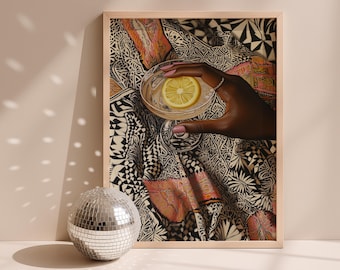 Retro Martini Painting, Black woman art, black girl art, black woman wall art, Bar Cart Art, Black Fashion art, Alcohol Art, Trendy Cocktail