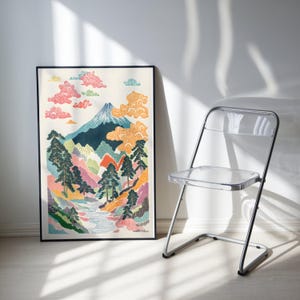 Mount Fuji Print, Japanese Mountain Landscape Poster, Colorful Japandi Wall Art Colourful Modern Art, Illustration, Living Room Print, Japan