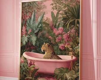 Leopard in Pink Bathtub Print, Botanical Bathroom Art (Digital Art)