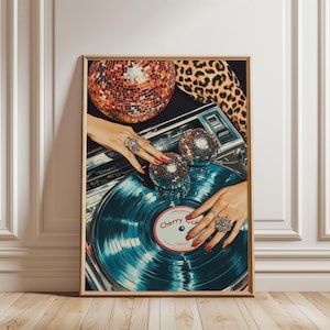 Retro Vinyl Record Art, Disco Wall Print, Vintage Music Poster, Glam 70s Decor, Fashion Girl Poster, Leopard Poster, Music Record Player