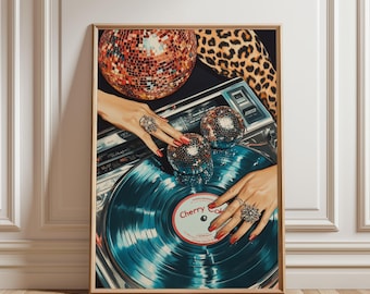Retro Vinyl Record Art, Disco Wall Print, Vintage Music Poster, Glam 70s Decor, Fashion Girl Poster, Leopard Poster, Music Record Player