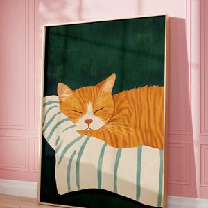 Cozy Cat Art Print, Sleeping Cat Large Wall Art, Whimsical Sleeping Cat Wall Art, Pet Art, Stripe Kitten Prints, Green and Orange Aesthetic