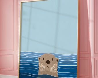 Otter Kunstdruck, Tier Geburtstags Geschenk, Sommer Poster für Kinder, Fluss Otter aus dem Wasser springen, Kinderzimmer Poster, Ocean Beach House Decor,