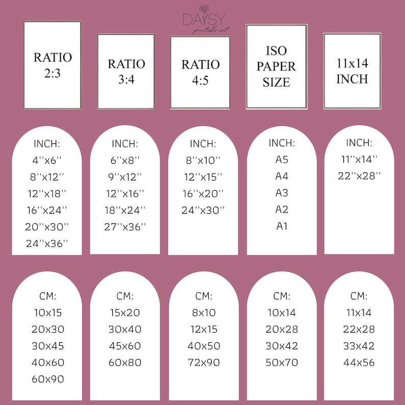 May include: A chart showing different ratios and their corresponding measurements in inches and centimetres. The chart also includes standard ISO paper sizes and their measurements in inches.