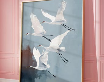 Flying Cranes Japandi Style Print Blue White Bird Crane Print, Vintage Bird Prints,  Image Elegant Gallery Wall Art Vintage Japanese Style