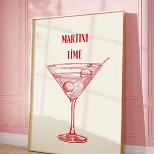 Impresión de cóctel Martini Time, impresión artística de bar con impresión de Martini, póster de cóctel minimalista, arte mural de carrito de bar rojo, arte imprimible de bar, arte mural moderno