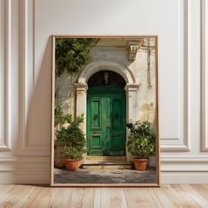 Puede incluir: Impresión enmarcada de una puerta verde con arco en una pared de piedra. La puerta tiene dos paneles y está flanqueada por plantas en macetas. La obra de arte está en un marco de madera y se apoya en una pared blanca.