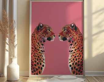 ピンクのヒョウのアートプリント、チーターの動物プリント、ピンクオレンジのプレッピーなウォールアート、美しいウォールアートプリント、チータープリント、ミニマルなチーターアート、