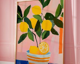 Lemons Art Print, Lemons And Stripes Art, Zitronen-Poster Modern Wall Art, Kitchen Wall Decor, Cute Lemon Print, Citrus Art, Simple Fruit