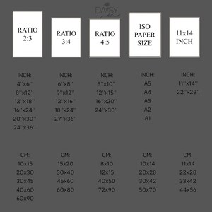 May include: A chart with size ratios and dimensions in inches and centimeters. The ratios include 2:3, 3:4, and 4:5, with corresponding inch sizes like 4"x6" and 8"x10". Also lists ISO paper sizes and 11x14 inch sizes.