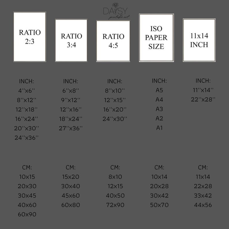 May include: A chart with size ratios and dimensions in inches and centimeters. The ratios include 2:3, 3:4, and 4:5, with corresponding inch sizes like 4"x6" and 8"x10". Also lists ISO paper sizes and 11x14 inch sizes.