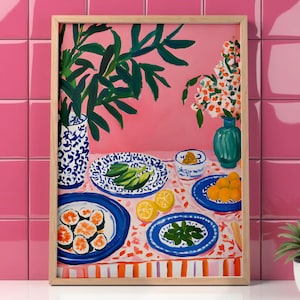 May include: A painting of a still life with a pink background. The painting features a table with a variety of fruits, vegetables, and other items, including lemons, cucumbers, figs, and a vase of flowers. The table is covered with a patterned tablecloth.