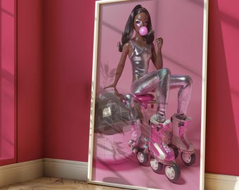 Black Doll Poster, Black Barb Print, Preppy Room Decor, Pink Girly Wall Art, Y2K Print, Fashion Print, Black Girl Art Print, Trendy Wall Art