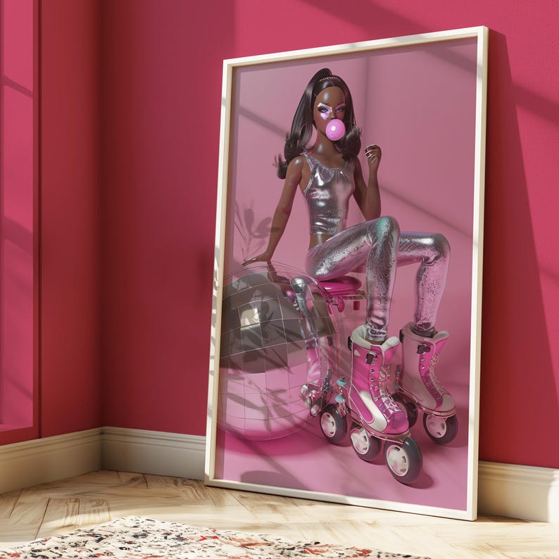 May include: A silver-clad doll with pink bubblegum sits on a disco ball wearing pink roller skates. The doll has black hair and is wearing a silver top and pants. The background is pink.