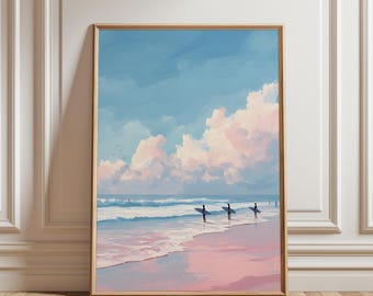 Aerial Surfers Print, Surf Print, Coquette Coastal Pink Blue Surfers Girl Painting Wall Art, Surfboard Wall Decor,Aerial Photography
