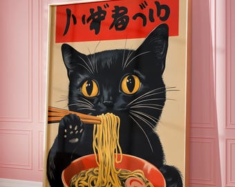 Vintage Black Cat Ramen Noodles Poster, Retro Japanese Kitchen Art (Digital Download)