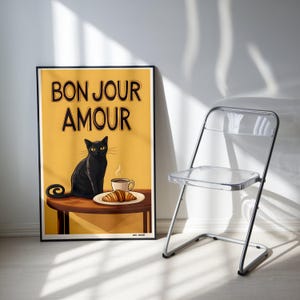 Bonjour Mon Amour Cat Print, Black Cat Digital Wall Art Print Cute Kitchen Wall Art, Le Chat Noir Poster, Black Cat Art, Black Cat Painting,