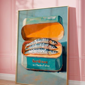 Sardines Print, Tinned Sardines, Sardines Tin Wall Art, Dining Room Decor, Retro Food, Vintage Kitchen Decor, Fish Poster Trendy Seafood Art