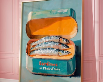 Stampa di sardine, sardine in scatola, arte murale di sardine in scatola, arredamento per sala da pranzo, cibo retrò, arredamento da cucina vintage, poster di pesce, arte di frutti di mare alla moda