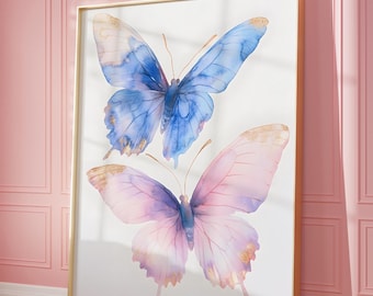 Two Pastel Butterflies Painting, Colorful Butterfly Printable Wall Art, Tween Nursery Painting, Colorful Abstract Insect Wall Art Print