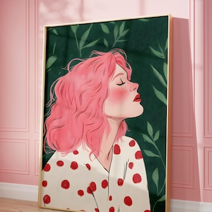 May include: A framed illustration of a person with pink hair and red polka dots on a white shirt. The background is a dark green with leaves.