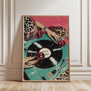 Retro Vinyl Record Art, Disco Aesthetic Wall Print, Cherry Disco Dj, Song Lover, Fashion Girl Poster Leopard Poster Vintage Music Poster