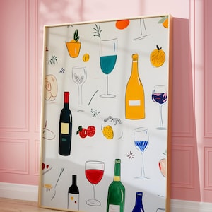 Retro eettafelprint, ingelijste kunst wijnprint voor fijnproevers, eten en drinken illustraties poster, barwagen kunstprint, maximalistische keuken