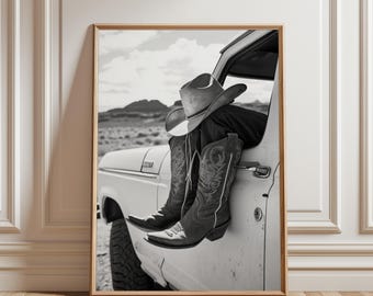 Cowboy-Stiefel-Kunstdruck, Poster „Cowboy Like Me“, Schwarz-Weiß-Wandbild, Western-Wandbild, Mädchenzimmer-Deko, Digitaldruck