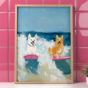 Surfing Dog Art Print, Cute Dog Beach Wall Art, Coastal Pet Decor, Digital Ocean Adventure Illustration, Dog Lover Gift, Fun Beach Art